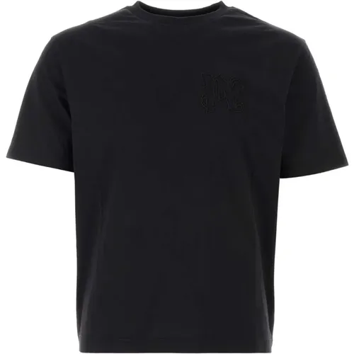 Schwarzes Baumwoll-T-Shirt,Schwarzes Monogramm T-Shirt mit Besticktem Logo - Palm Angels - Modalova