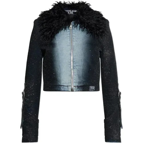 Denim Jackets, female, , Size: S Denim Jacket With Shimmering Glitter - Versace Jeans Couture - Modalova