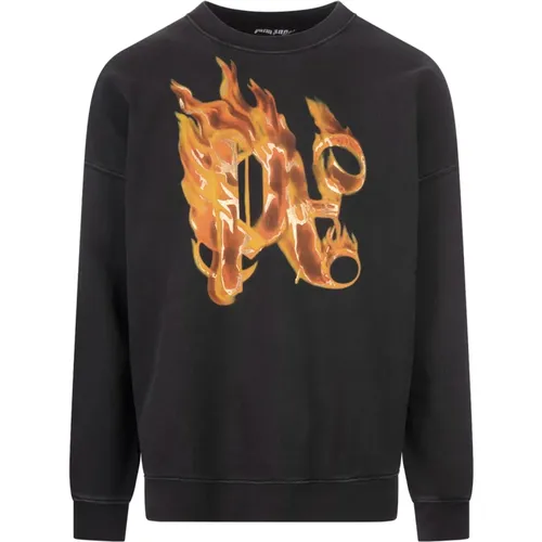 Sweatshirts, male, , Size: S Flaming Monogram Crew-neck Sweatshirt Grey - Palm Angels - Modalova