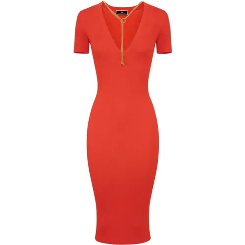 Ribbed Viscose Midi Dress - Coral , female, Sizes: S, M, XS, L - Elisabetta Franchi - Modalova