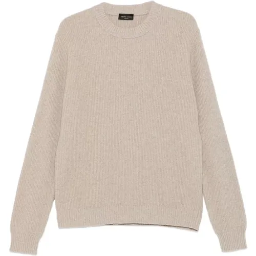 Round-neck Knitwear, male, , Size: XL Sand Ribbed Knit Crew Neck Sweater - Roberto Collina - Modalova