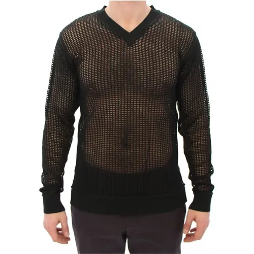 V-neck Knitwear, male, , Size: S V-Neck Knit Sweater with Perforated Logo Details - Dolce & Gabbana - Modalova