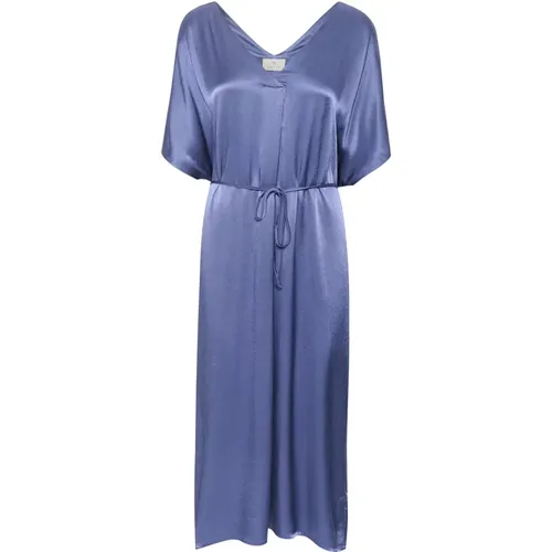 Blau Indigo Kleid mit V-Ausschnitt und Taillenband , Damen, Größe: XL - Kaffe - Modalova