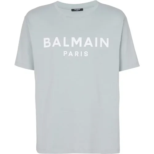 Bedrucktes kurzärmeliges T-Shirt aus Paris,Bio-Baumwolle Graues Logo T-Shirt - Balmain - Modalova