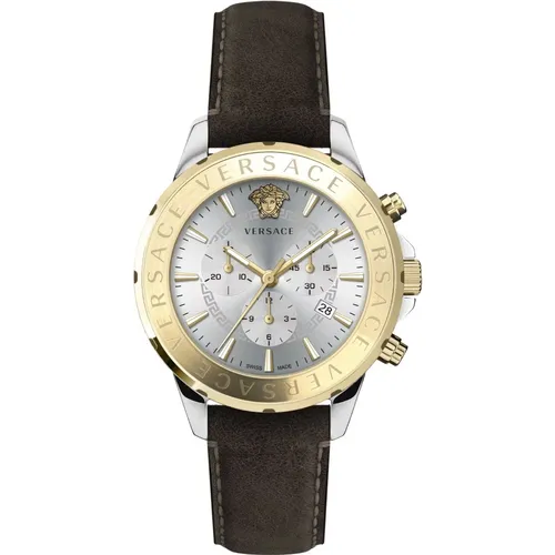 Chrono Signat.44 Dark Brown Leather Watch , male, Sizes: ONE SIZE - Versace - Modalova
