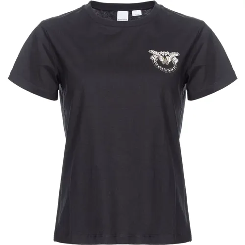 Schwarzes Love Birds Besticktes T-Shirt , Damen, Größe: L - pinko - Modalova