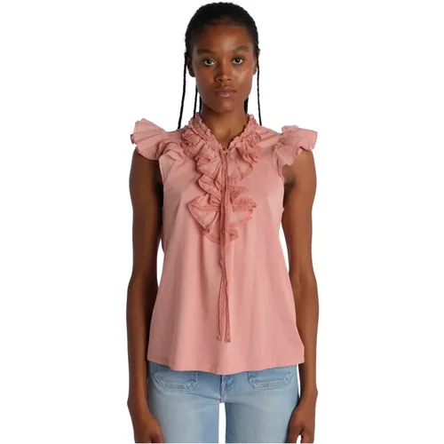 Rosa T-Shirt mit Rüschen , Damen, Größe: XS - Attic and Barn - Modalova