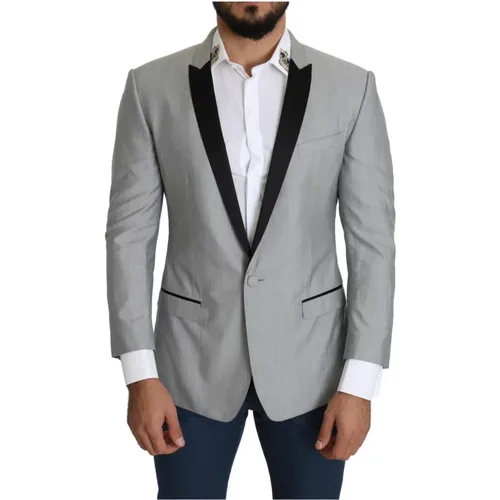 Blazers, male, , Size: L Classic Fit Silk Blazer Grey - Dolce & Gabbana - Modalova