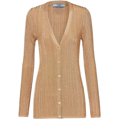 Cardigans, female, , Size: M Metallic Knit Cardigan VNeck - Prada - Modalova