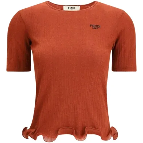 Round-neck Knitwear, female, , Size: L Short-Sleeved Wool Top - Fendi - Modalova