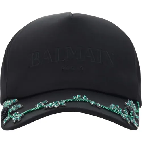 Caps, female, , Size: ONE SIZE Satin Visor with Black Rhinestones - Balmain - Modalova