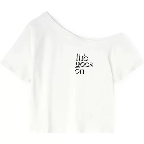 T-Shirt mit asymmetrischem Ausschnitt und Logo , Damen, Größe: L - Motivi - Modalova