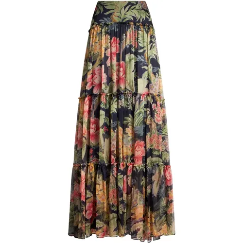 Flounced Blue Floral Print Long Skirt , female, Sizes: M, XS, 2XS, S - ETRO - Modalova