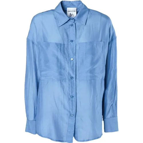 Blaues Seidenmischhemd Mit Spitzem Kragen - Semicouture - Modalova