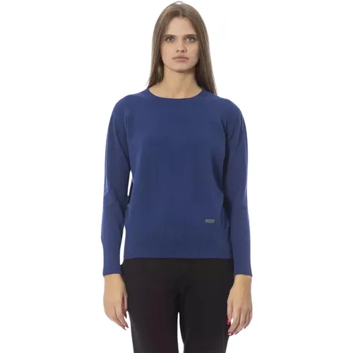 Blauer Woll-Crew-Neck-Pullover , Damen, Größe: L - Baldinini - Modalova