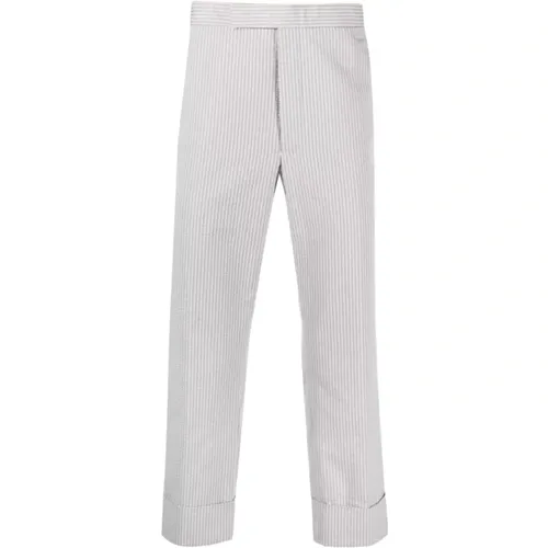 Straight Trousers, male, , Size: L Striped Backstrap Trousers Grey Cotton - Thom Browne - Modalova