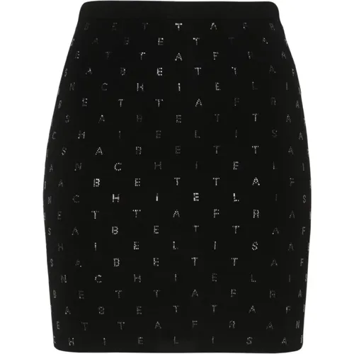 High-waisted stretch skirt with rhinestone lettering , female, Sizes: M, L, S - Elisabetta Franchi - Modalova