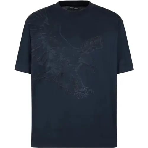 Blau Lyocell T-Shirt mit gesticktem Adler , Herren, Größe: XL - Emporio Armani - Modalova