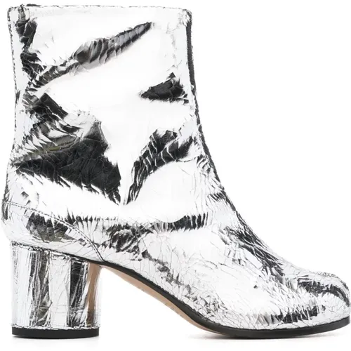 Heeled Boots, female, , Size: 5 US Silver-tone Leather Block Heel Boots - Maison Margiela - Modalova