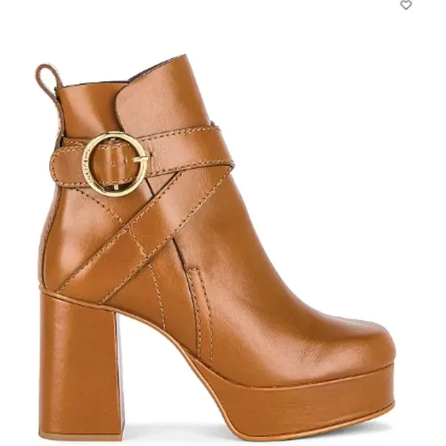 Tan Leather Lyna Boots with Ankle Strap , female, Sizes: 7 UK, 8 UK, 5 UK - See by Chloé - Modalova