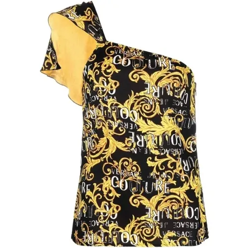 Nero Sleeveless Top with Gold Logo Print and Ruffle Detail , female, Sizes: M, S - Versace Jeans Couture - Modalova