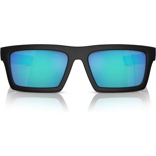 Matt Schwarz Rechteckige Sonnenbrille mit Grünen Verspiegelten Gläsern - Prada - Modalova