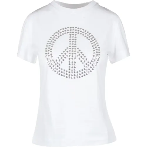 T-Shirt mit Nieten und Friedenssymbol , Damen, Größe: M - Moschino - Modalova
