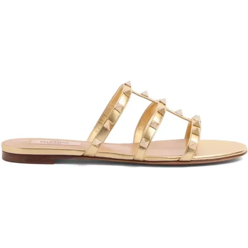 Sliders, female, , Size: 7 US Golden Rockstud Caged Sandals - Valentino Garavani - Modalova