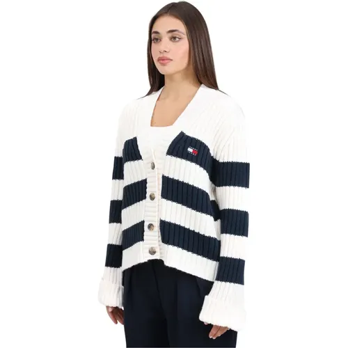 Sportlicher Gerippter Cardigan Weiß Blau , Damen, Größe: S - Tommy Jeans - Modalova