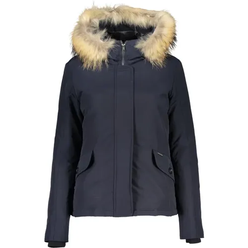 Blaue Winterjacke mit Pelzkapuze , Damen, Größe: XL - Woolrich - Modalova