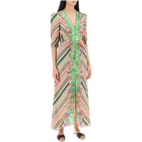 Geometric Floral Silk Dress with V-Neckline , female, Sizes: XS - Saloni - Modalova