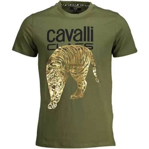 Grünes Baumwoll-T-Shirt mit Logo-Druck , Herren, Größe: 2XL - Cavalli Class - Modalova