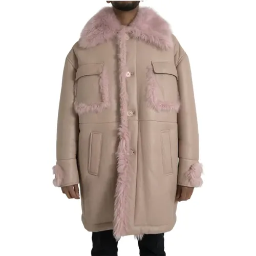 Single-Breasted Coats, male, , Size: XL Pink Shearling Long Coat Jacket - Dolce & Gabbana - Modalova