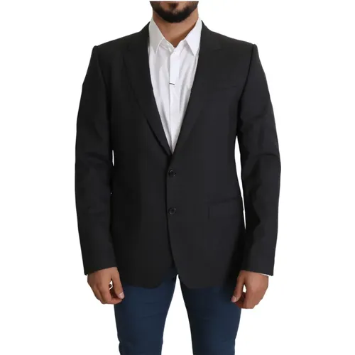 Blazers, male, , Size: XL Elegant Gray Wool Silk Blend Slim Fit Blazer - Dolce & Gabbana - Modalova