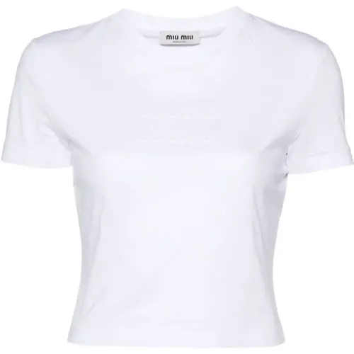 Weiße Logo-Patch-Rundhals-T-Shirt - Miu Miu - Modalova