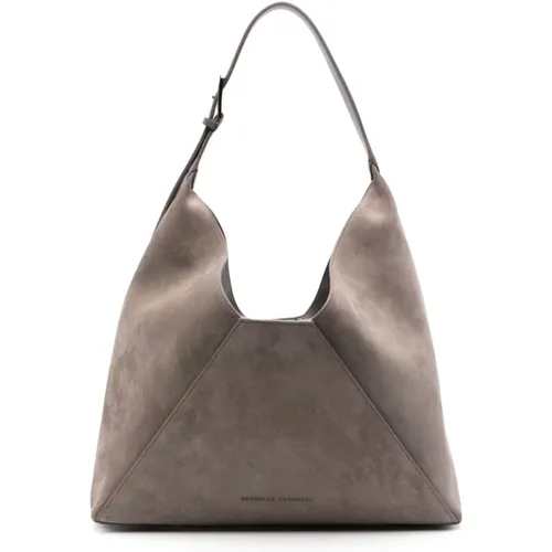 Taupe Brown Calf Suede Shoulder Bag , female, Sizes: ONE SIZE - BRUNELLO CUCINELLI - Modalova