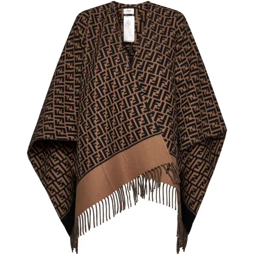 Capes, female, , Size: ONE SIZE Jacquard Wool Cashmere Poncho Fringes - Fendi - Modalova