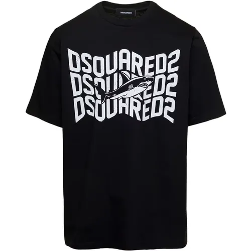 Schwarzes T-Shirt mit Hai und Logo-Print , Herren, Größe: M - Dsquared2 - Modalova