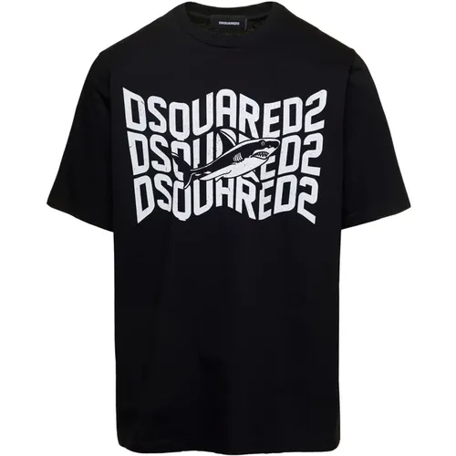 Schwarzes T-Shirt mit Hai und Logo-Print , Herren, Größe: S - Dsquared2 - Modalova