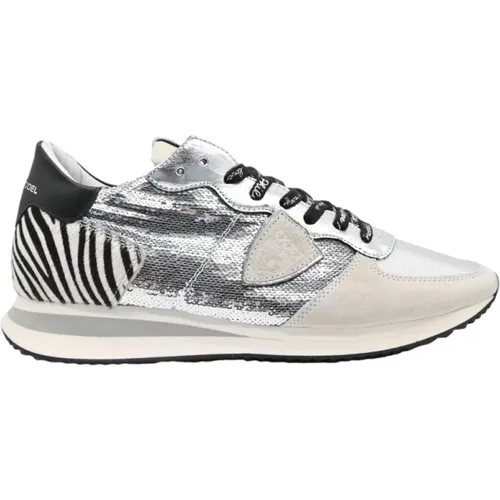 Sneakers, female, , Size: 9 US Zebra Silver Low Top Sneakers - Philippe Model - Modalova