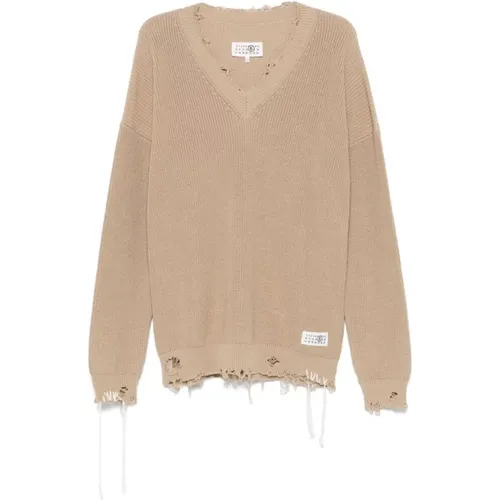 V-neck Knitwear, male, , Size: L Beige Distressed Sweater with Signature Motif - MM6 Maison Margiela - Modalova