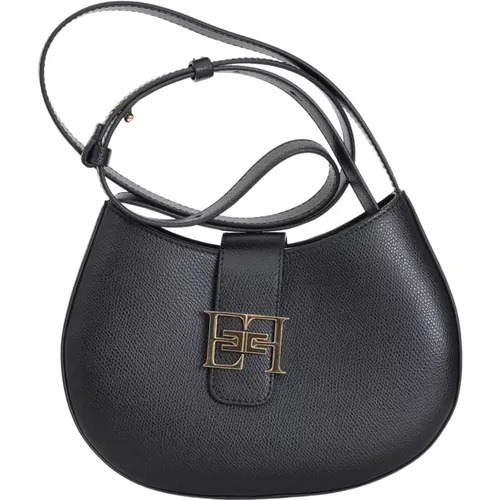Schwarze mittelgroße Hobo-Tasche mit Metalllogo - Elisabetta Franchi - Modalova