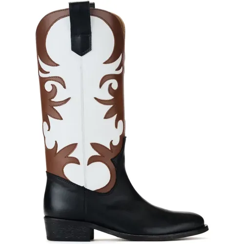 Schwarze und weiße Leder Texano Stiefel , Damen, Größe: 40 EU - Via Roma 15 - Modalova