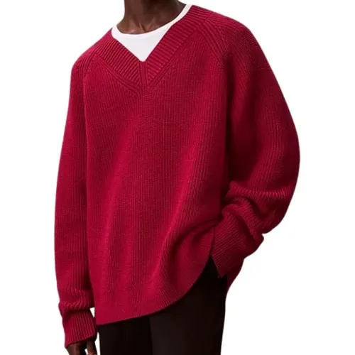 V-neck Knitwear, male, , Size: M Wool Blend V-Neck Sweater - Calvin Klein - Modalova