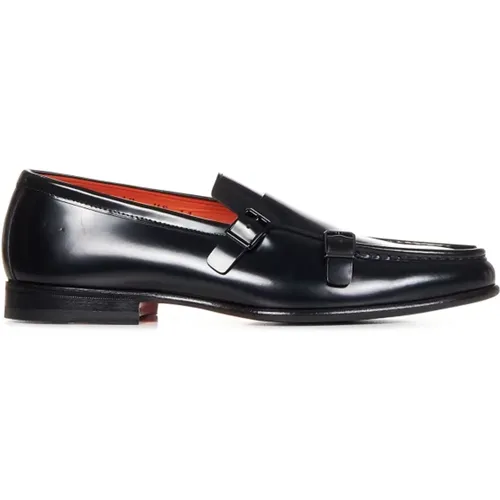 Loafers, male, , Size: 8 US Leather Flat Shoes with Double Buckle Closure - Santoni - Modalova