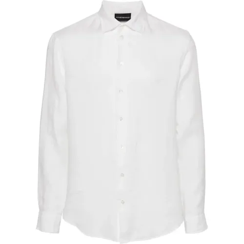 Casual Shirts, male, , Size: M Linen Logo Shirt Classic Collar - Emporio Armani - Modalova