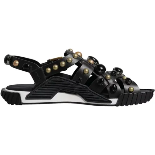 Flat Sandals, male, , Size: 7 US Studded Leather Slide Sandals with Logo - Dolce & Gabbana - Modalova