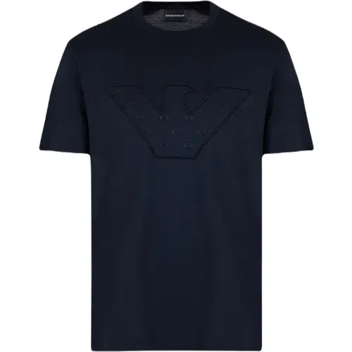 Blaues Lyocell-Mischgewebe-T-Shirt mit Maxi-Adler-Stickerei - Emporio Armani - Modalova