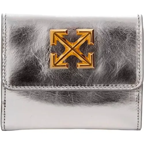 Wallets & Cardholders, female, , Size: ONE SIZE Silver Leather Wallet with Gold Logo - Off White - Modalova