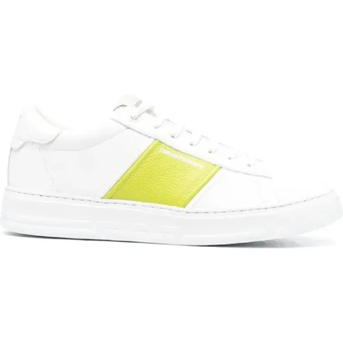 Sneakers, male, , Size: 9 US Leather Sneakers with Lime Green Contrasting Inserts and Logo Lettering - Size 44 - Emporio Armani - Modalova